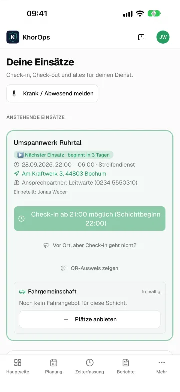KhorOps Handy-App: Ansicht „Deine Einsätze“ mit Check-in und QR-Ausweis