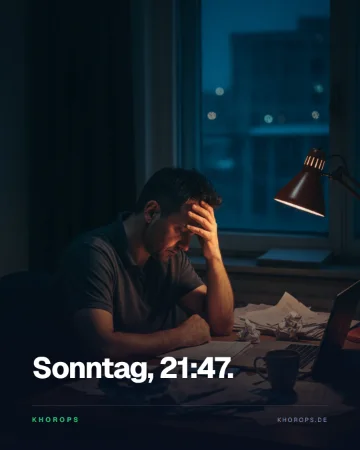 Beitrag „Sonntag, 21:47.“: Ein Mann sitzt abends erschöpft am Schreibtisch zwischen Papierstapeln. Das Foto ist mit KI erstellt.