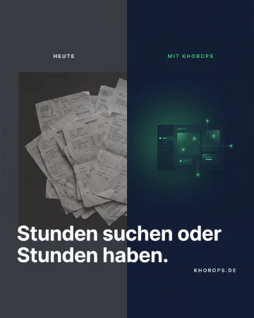 Beitrag „Stunden suchen oder Stunden haben.“: links unter „Heute“ ein Stapel zerknitterter Stundenzettel, rechts unter „Mit KhorOps“ eine gezeichnete App-Oberfläche.