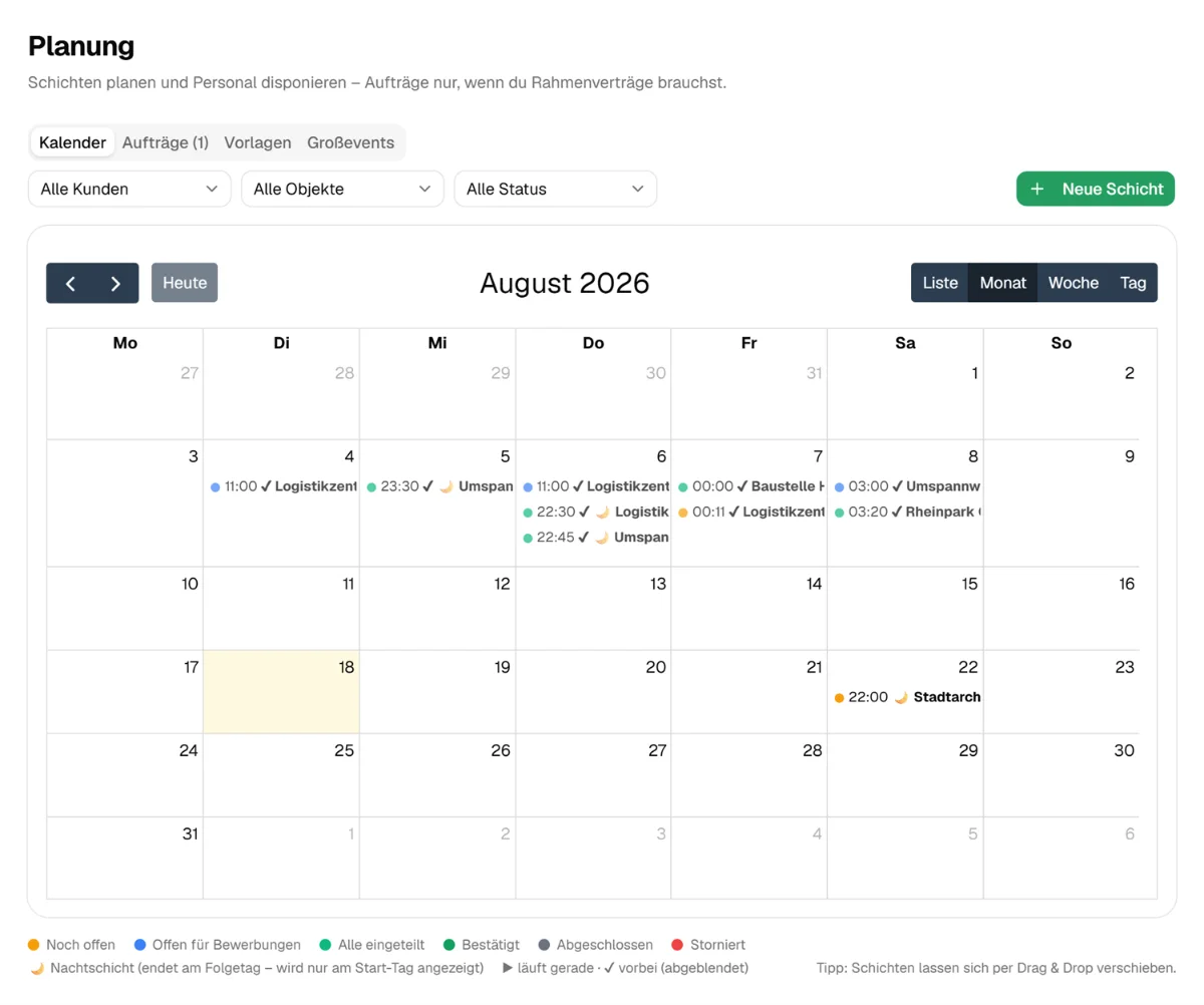 KhorOps Web-App: Monatskalender der Dienstplanung mit farbig markierten Schichten